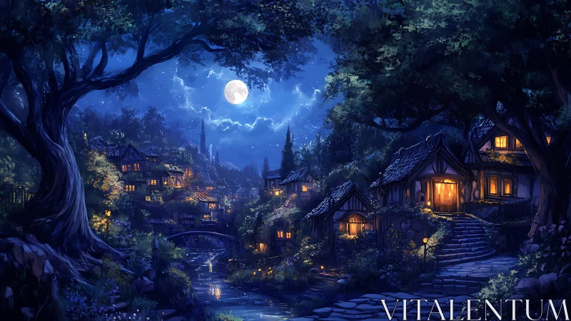 Moonlit village landscape is depicted under dense forest canopy