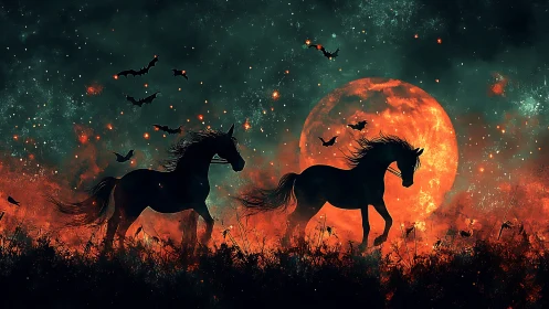 Fiery red moon silhouettes wild horses in haunted nightscape.