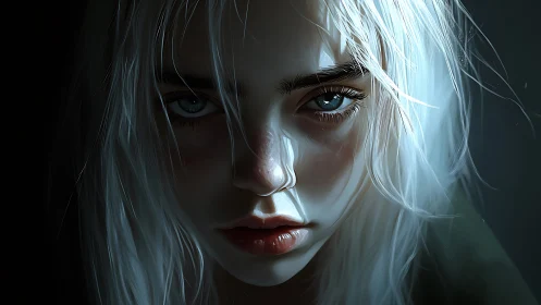 Intense close-up portrait of pale girl in moody light.