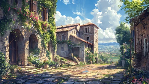 Sunlit village stones trade secrets with wandering blossoms