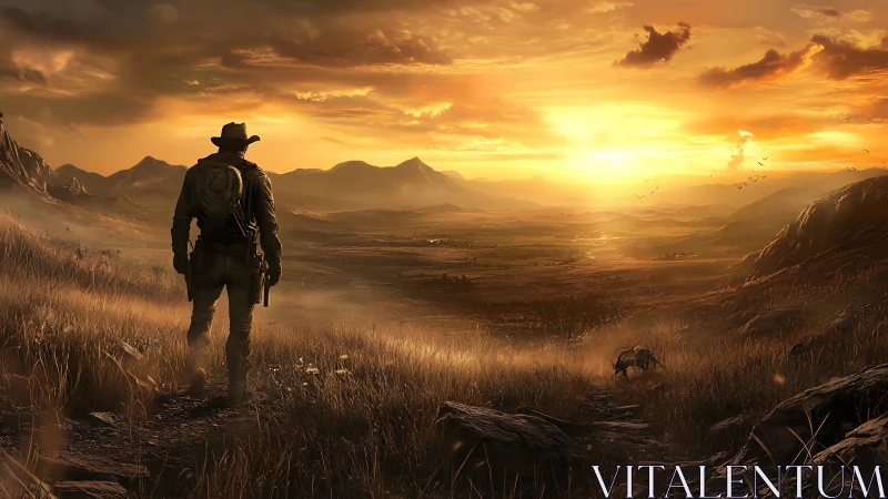Lone gunslinger surveys golden frontier at blazing sunset.