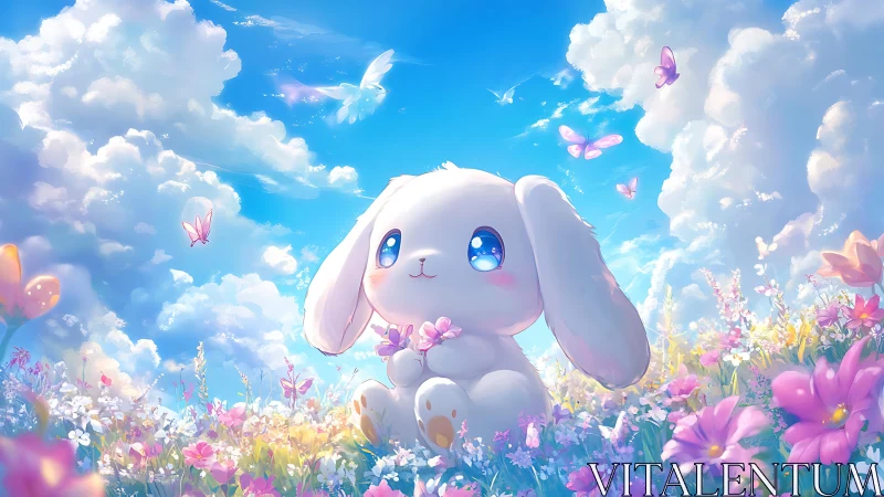 Soft white bunny in pastel flower meadow under sky.
