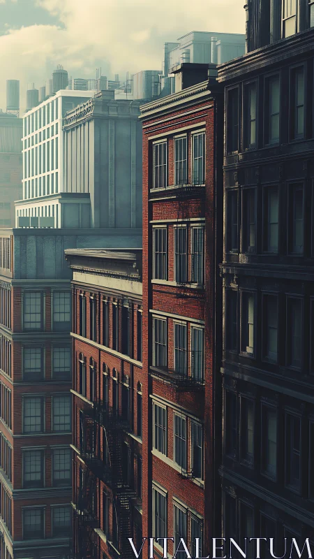 Morning light on quiet brick city facades and fire escapes.