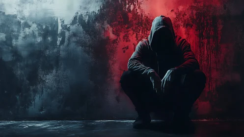 Hooded figure crouches in moody red and blue shadows