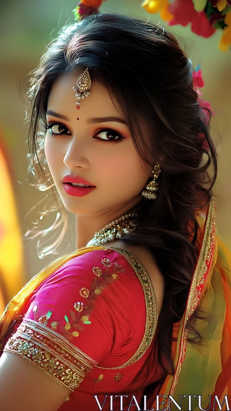 Soft-focus portrait analyzes vibrant saree textiles, jewelry detail