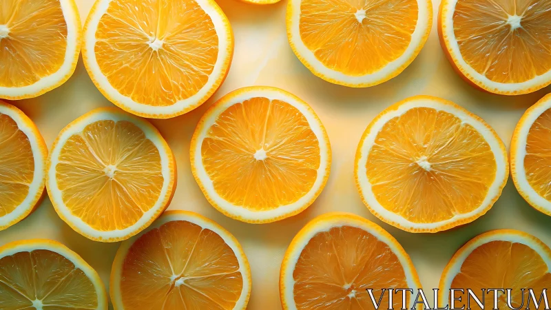 High-key top-view grid of sliced oranges with radial segments