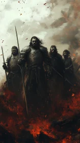 Armored spear infantry advancing through volcanic battlefield