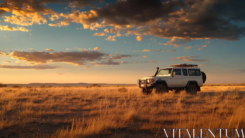 Off-road expedition truck under dramatic desert sunset sky.