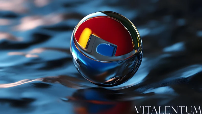 Shiny Pepsi-Inspired Glass Sphere on Reflective Water Surface.