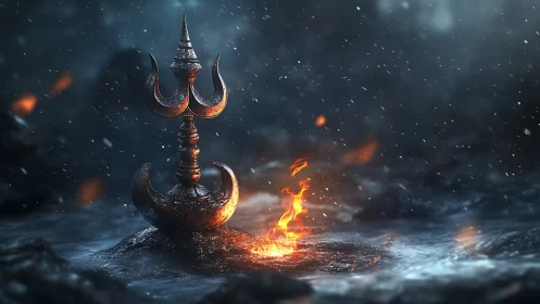 Forged trident moon relic amid stormlit water and sacred flame