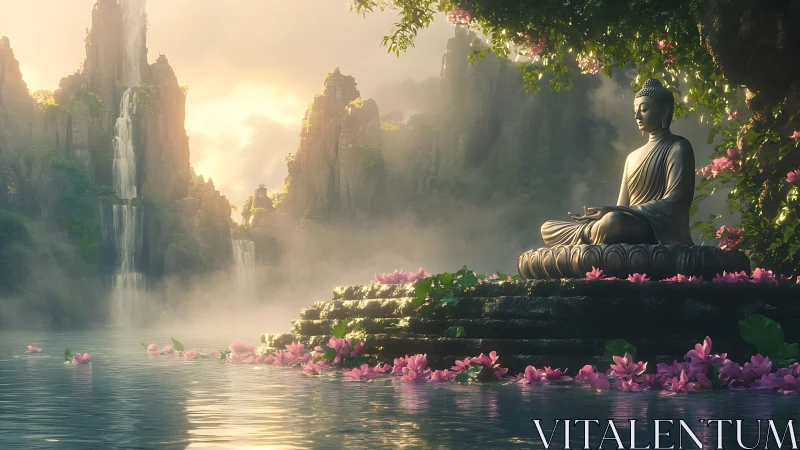 Serene Buddha sculpture overlooks misted waterfalls at dawn