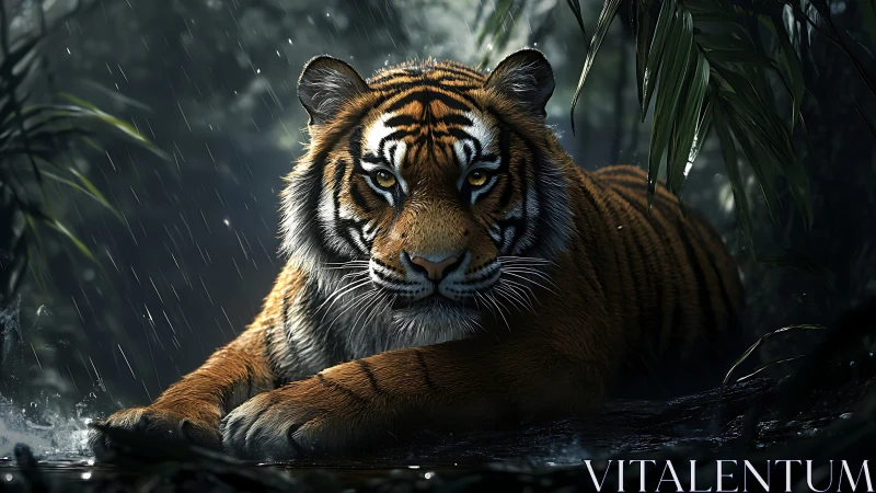 Digital rendering shows a tiger resting in dense rainy jungle