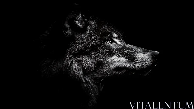 Wolf profile emerges from darkness in dramatic monochrome.
