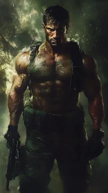 Digital painting of battle-scarred soldier in dramatic chiaroscuro.