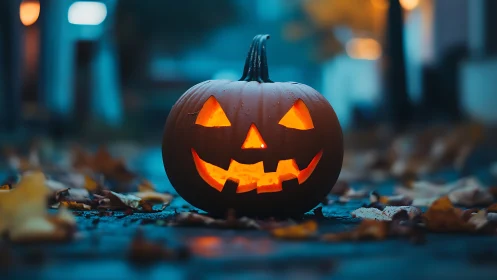 Jack-o-lantern glow crowns a leaf-strewn twilight street.