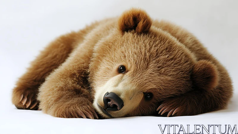 Brown bear cub lying on white studio surface.