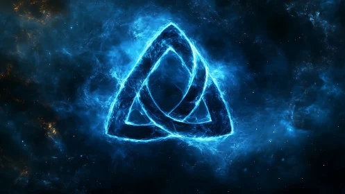 Luminous blue trinity knot swirling in cosmic mist.