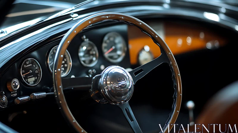 Classic car dashboard with gleaming vintage steering wheel.