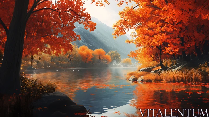 Autumn trees surround calm river with distant hazy mountains