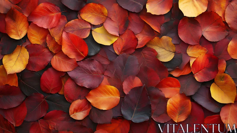 Autumn foliage macro study renders layered red and gold leaves