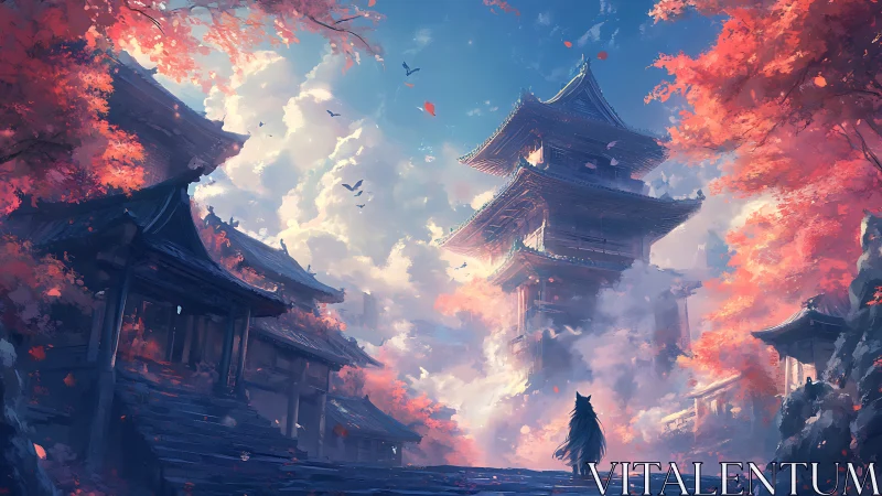 Lone wanderer approaches misty temple under blazing autumn sky.