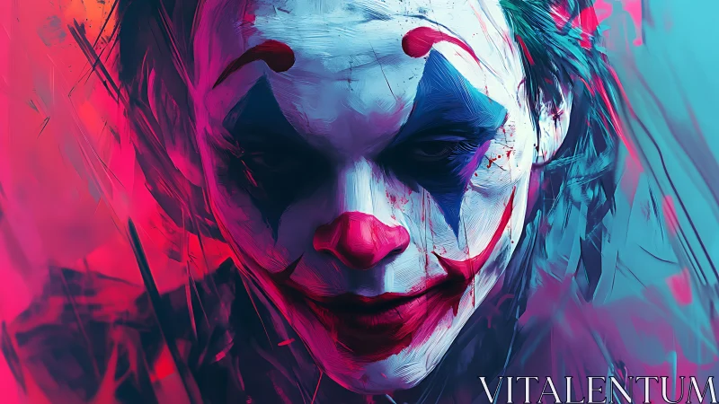 Chromatic clown visage under asymmetric neon field lighting.