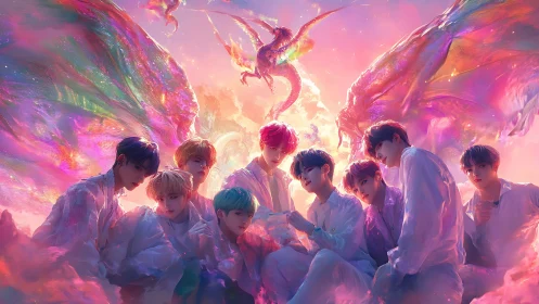 Iridescent boy group beneath twin dragons in luminous sky