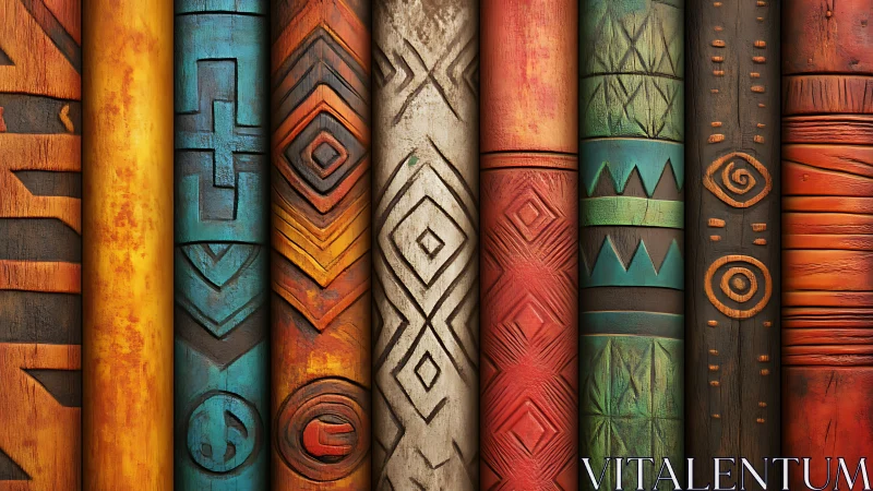 Tribal carved columns display bold geometric pattern rhythm.