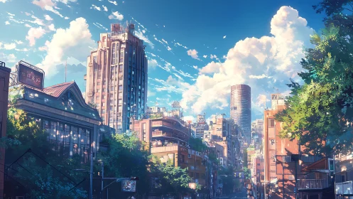 Sunlit urban canyon with midrise towers and lush street trees