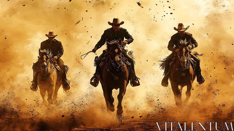 Triadic cowboy charge through particulate golden dust field.
