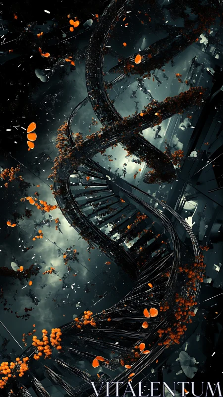 Digital painting of bio-mechanical DNA helix with orange spores.