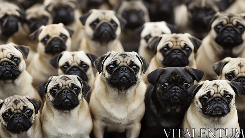 Curious crowd of wide-eyed pugs gathering in close focus.