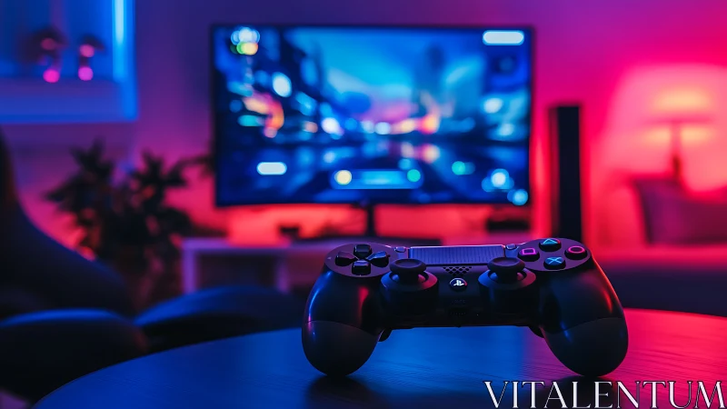 Game controller rests before neon lit gaming screen.