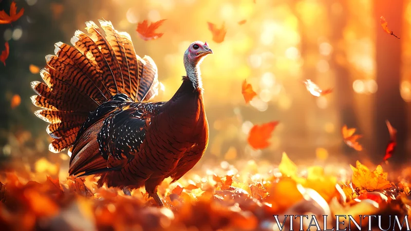 Wild turkey struts through glowing autumn forest leaves.