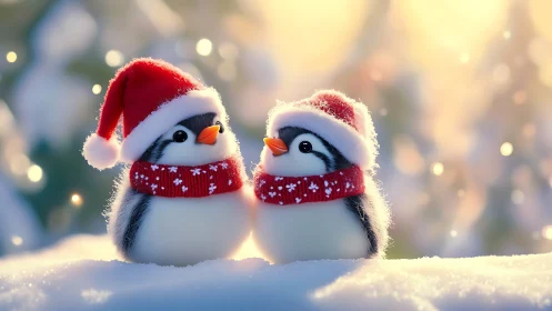 Digital render of two winter penguin figurines in Santa attire