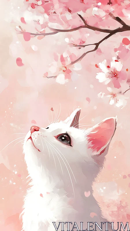A White Cat's Wonder Under Cherry Blossoms.