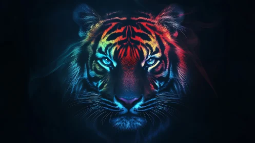 Digital tiger portrait displays neon bilateral color lighting