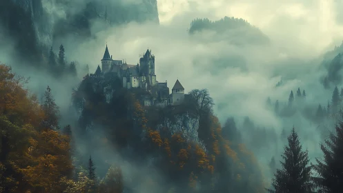 Mountain castle amid dense forest and low valley fog layer.