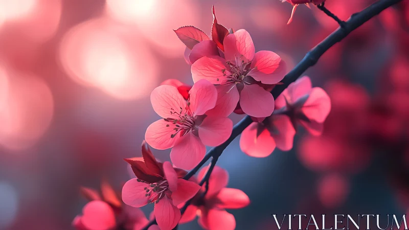 Blushing blossom branch in dreamy pink twilight glow.