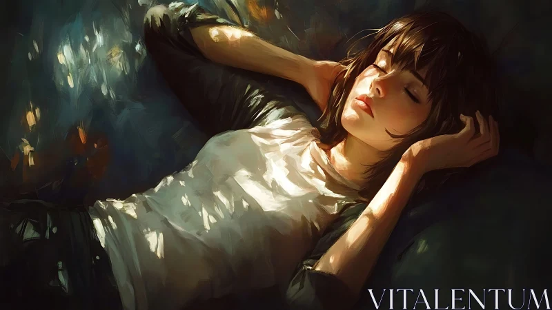 Young woman resting in warm sunlight on soft cushions.