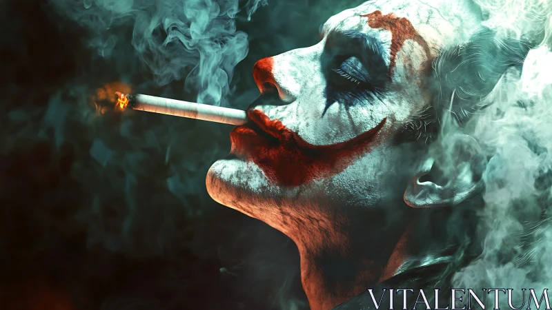 Painted trickster exhales quiet chaos through burning smoke