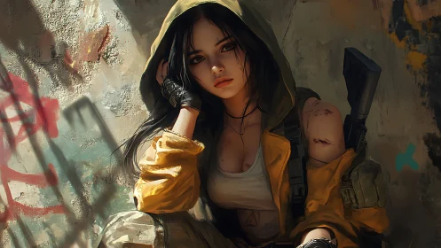 Hooded survivor resting with rifle in urban ruins.