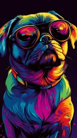 Neon gradient pug portrait uses bold vector strokes and reflective lenses