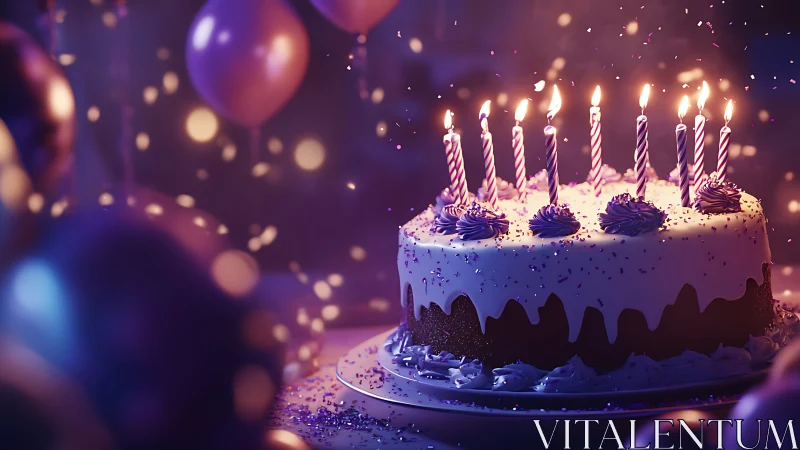 Three-dimensional birthday cake rendering with procedural lit candles and volumetric depth-of-field 