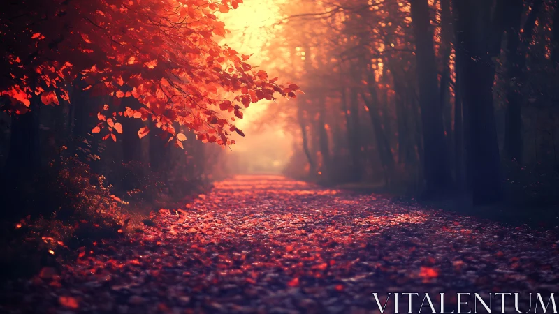 Autumn Forest Path Illuminated by Golden Hour Sunlight