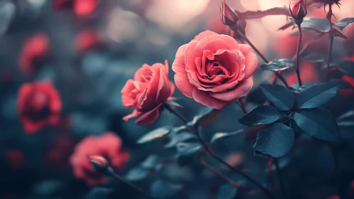 Coral roses with foliage in shallow depth of field composition.