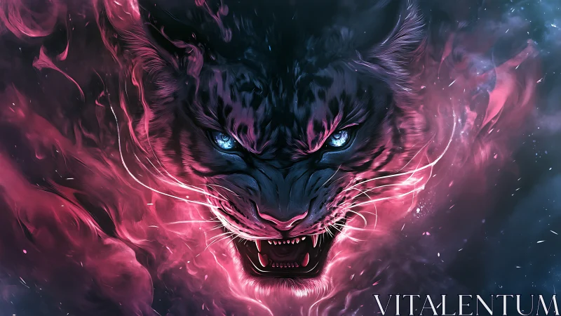 Digital painting of spectral panther head in neon flames.