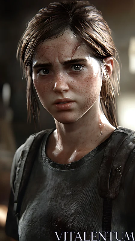 Battle-hardened girl stands in gritty, cinematic close-up.