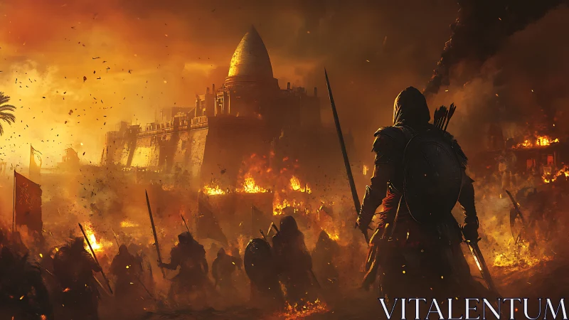 Cloaked warrior before burning citadel in cinematic concept art.
