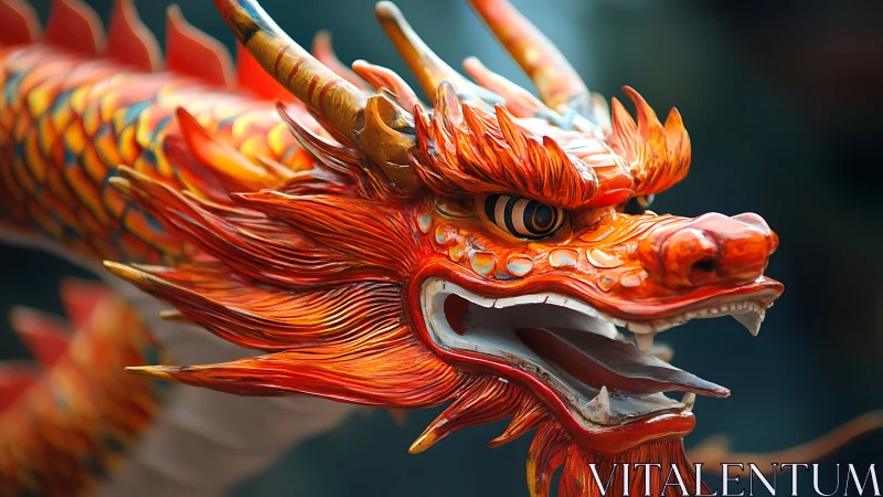 Photorealistic close-up of ornate ceremonial dragon head sculpture.